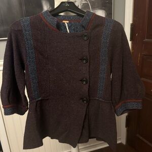 Free People Crossack Peplum Wool Sweater 3/4 Sleeve Buttons Size Small
